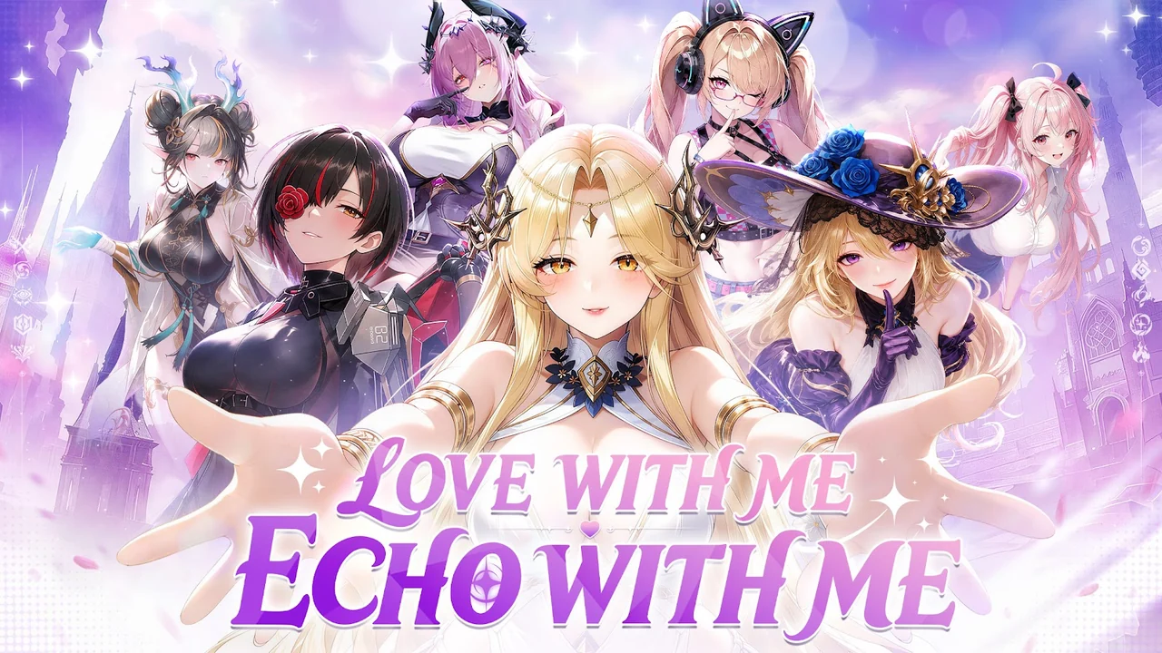 Official Girls Echo promotional ensemble of myth-inspired Goddesses against a luminous lavender background